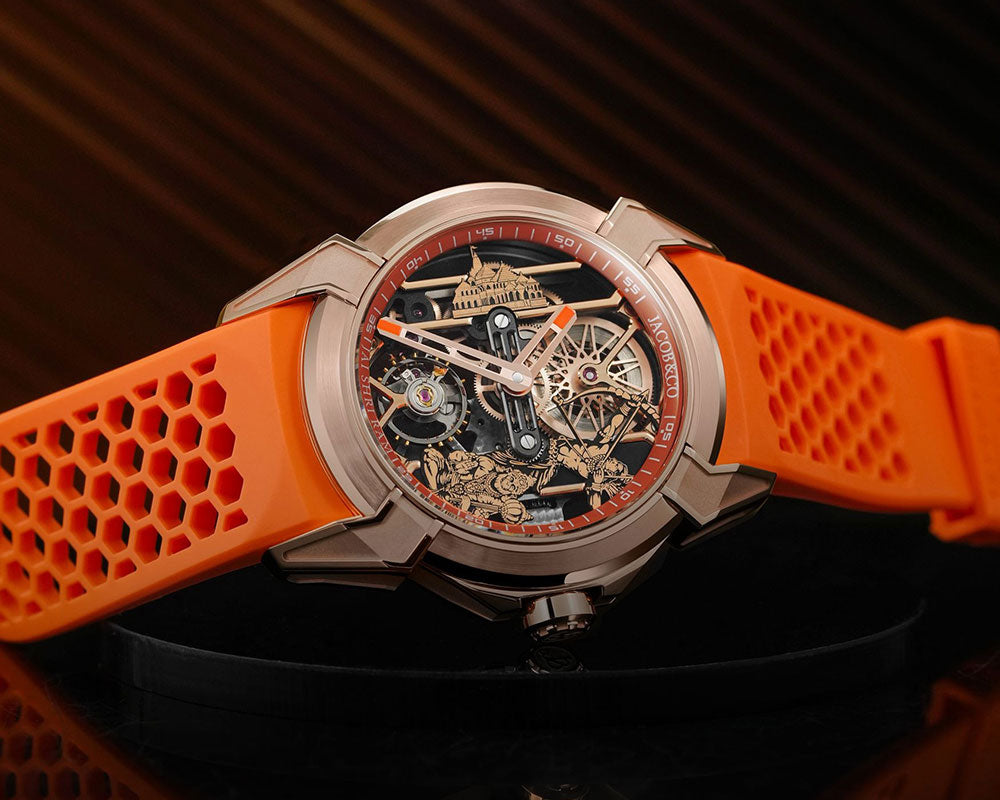 Luxury Skeleton Dial Automatic Watch with Orange Silicone Strap – Rose Gold Finish