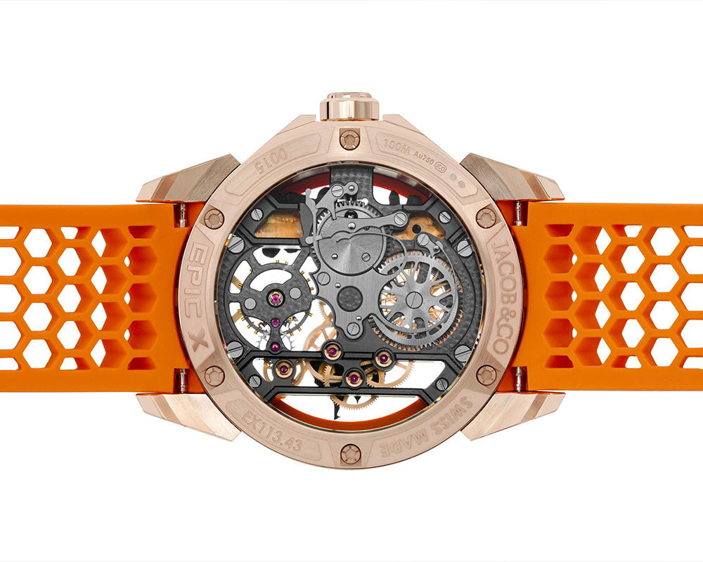 Luxury Skeleton Dial Automatic Watch with Orange Silicone Strap – Rose Gold Finish